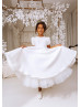 Short Puff Sleeves White Satin Tulle Flower Girl Dress